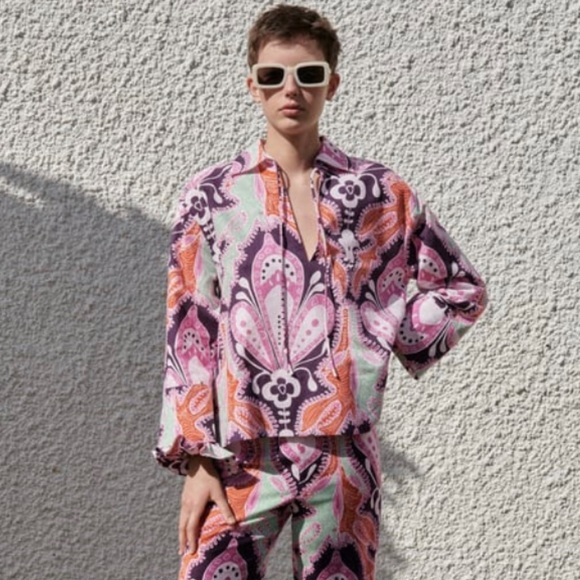 Zara PRINTED LINEN BLOUSE W/ SCRUNCHIE Women’s Size XS - Picture 2 of 6